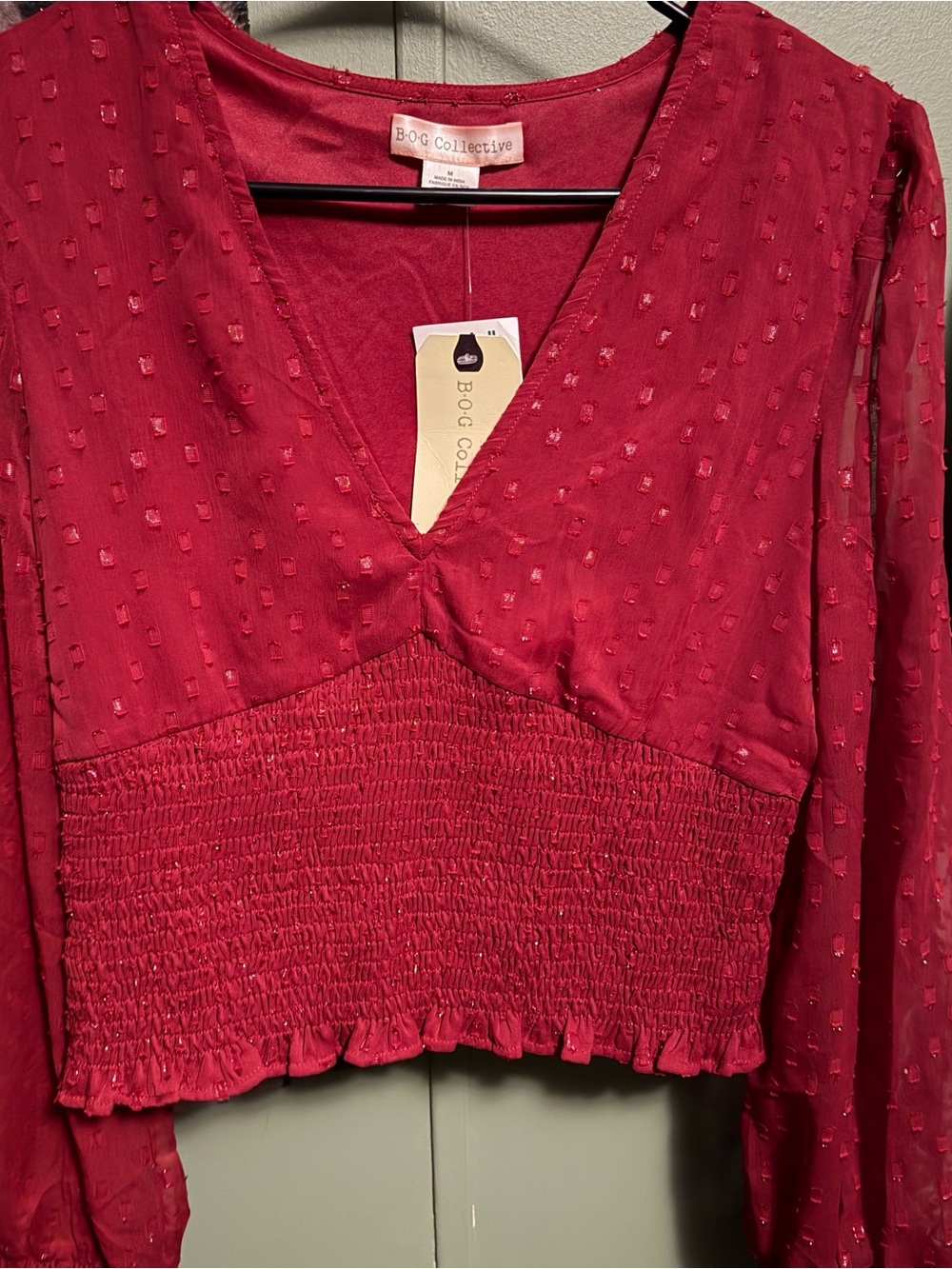 BOG Collective Women's Red Smocked V-Neck Blouse